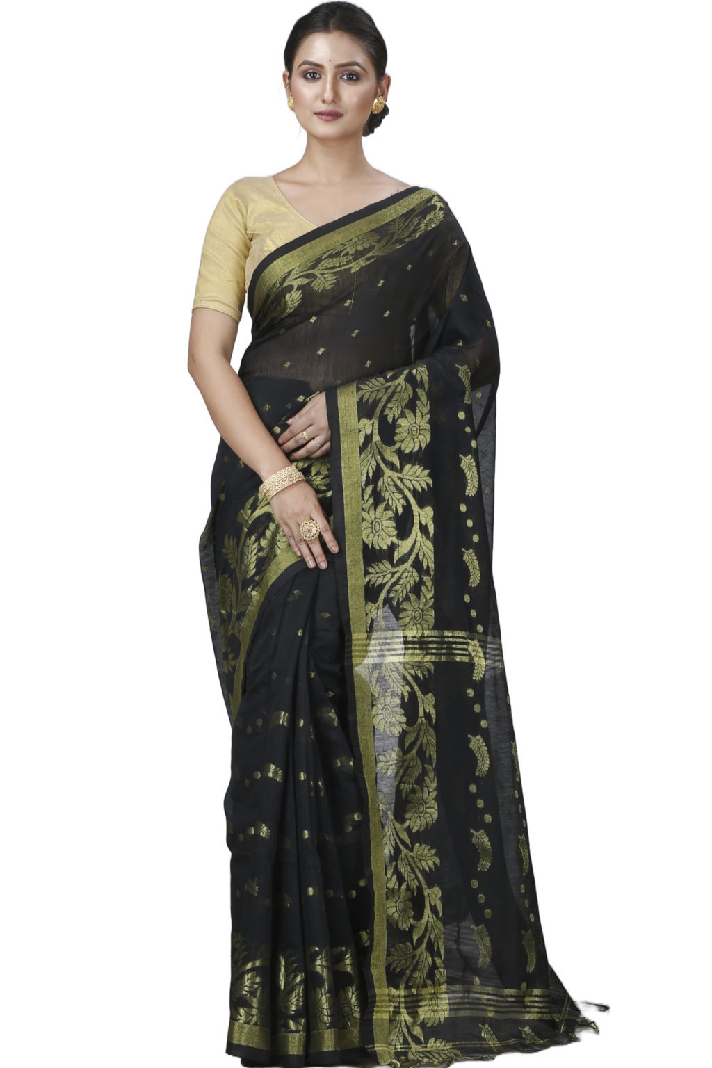 Black Blended Cotton Turik Hand Loom Saree (1249)